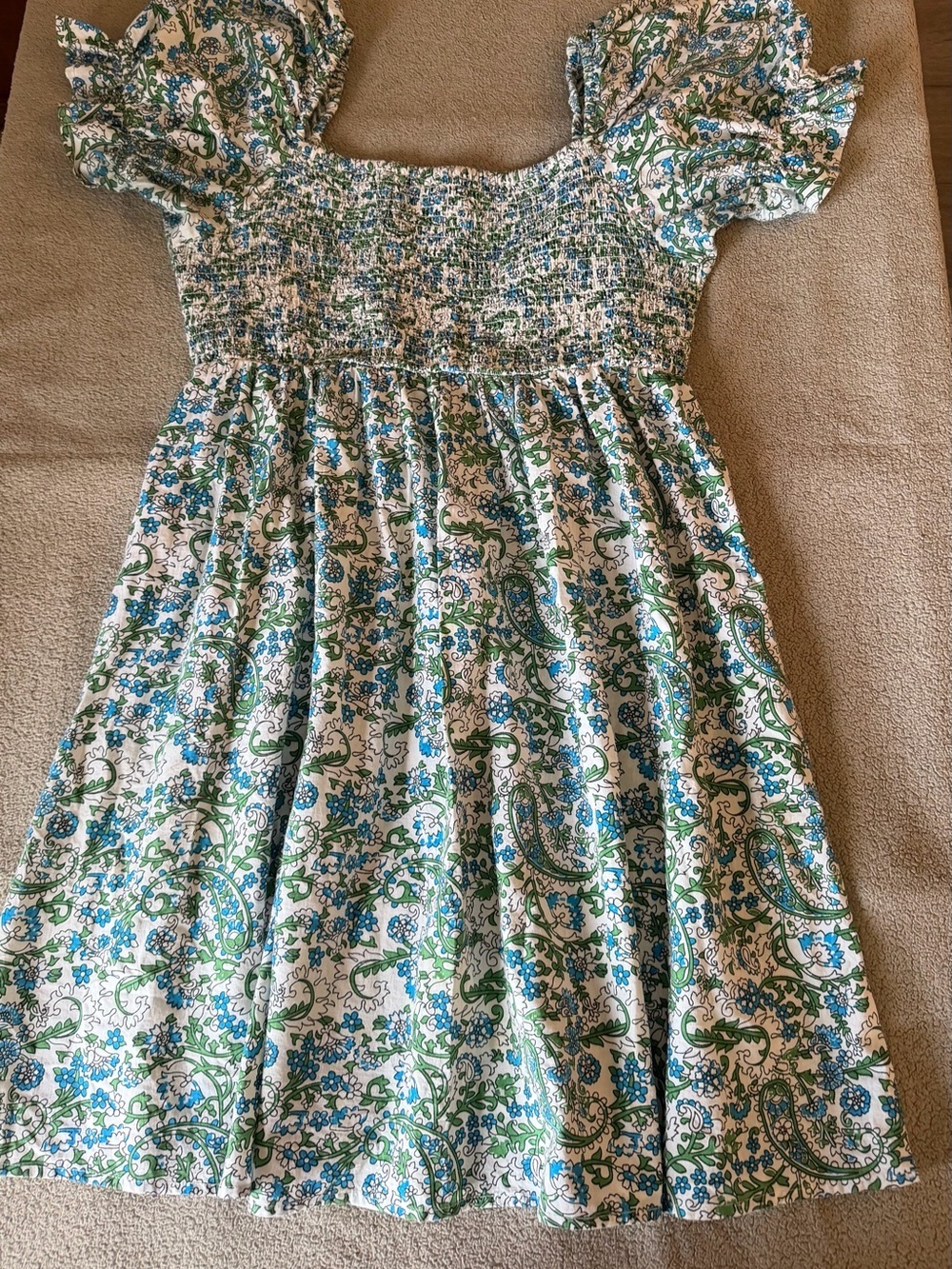 Floral Smocked Mini Dress in Blue, White & Green - Picture 3 of 11
